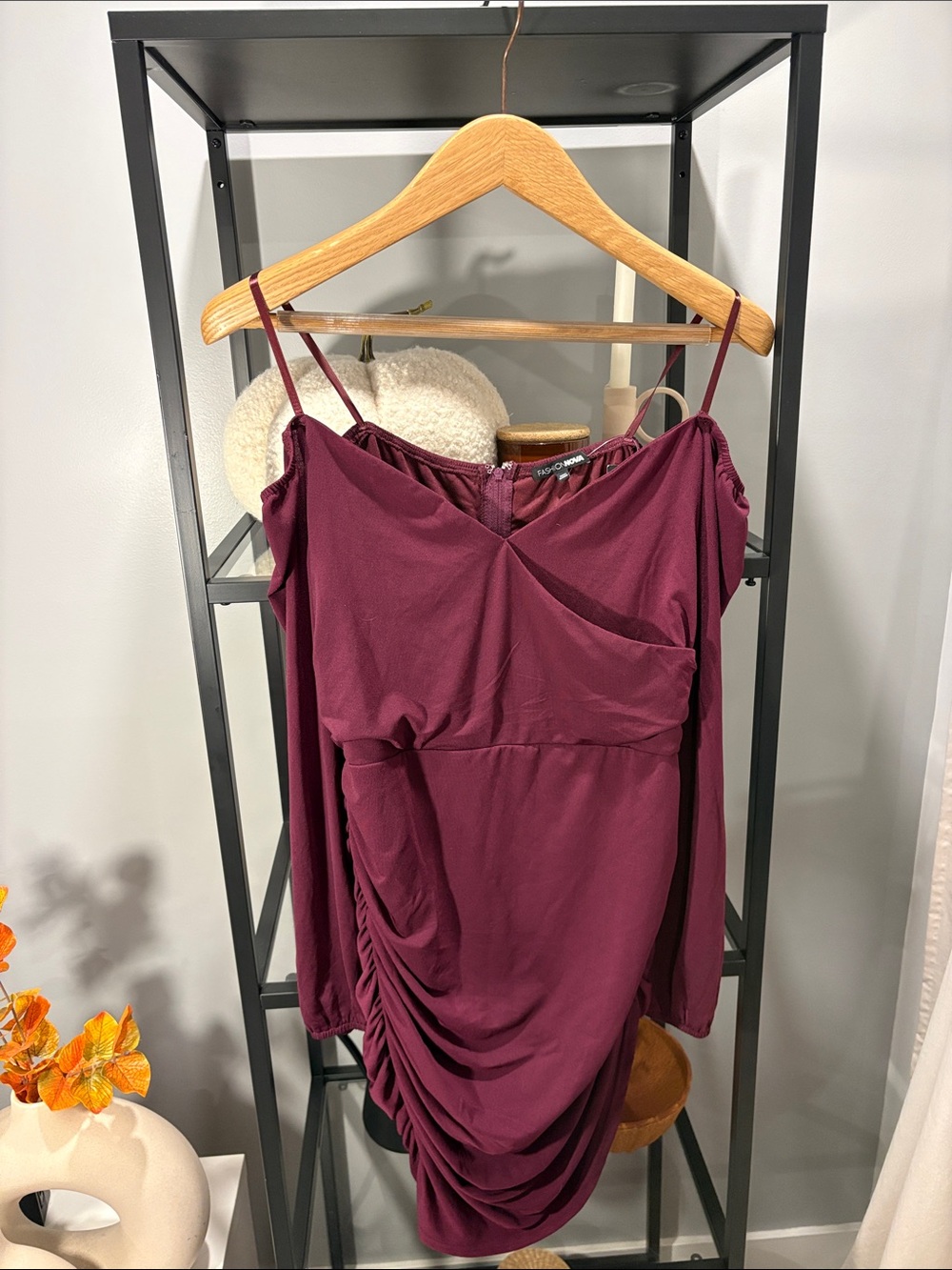 081 Fashion Nova One-Shoulder Ruched Dress in Burgundy